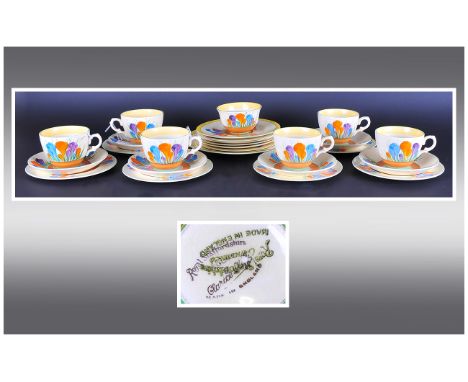 Clarice Cliff Hand Painted ( 27 ) Piece Tea Service ' Autumn Crocus ' Design. c.1929. Comprises 6 Trios, 6 Side Plates, 1 Sug