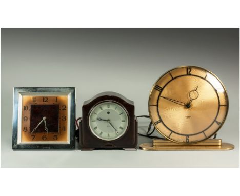 Three Mid 20thC Mantle Clocks Comprising An Art Deco Square Clock, Bakelite And A Brass Cased Clock.
