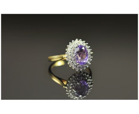 Ladies 9ct Gold Amethyst & Diamond Cluster Ring diamond weigh 25pts. Amethyst of good colour,