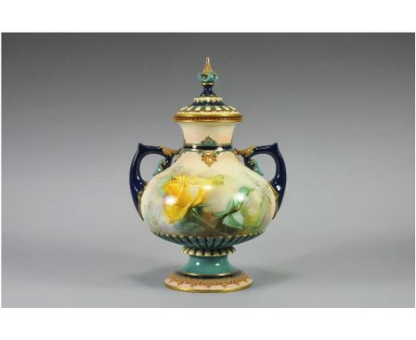 Hadley's Worcester Hand Painted Globular Shaped Two Handled Lidded Vase ' Roses ' Stillife. c.1880's. Height 8.75 Inches. 