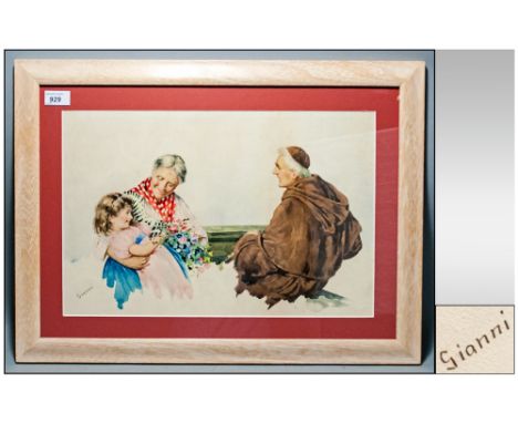 GIANNI 19thC Italian Framed Watercolour Of Typical Style Portrait Figures, Little Girl & Grandparent With Monk, 12x18 Inches 