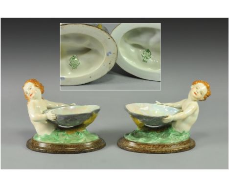 Royal Worcester Fine Pair of Hand Painted Figural Pin Dishes, In The Form of Two Mermaids Holding a Shell. c.1900. Height 4 I