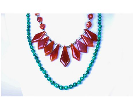 Vintage - Good Quality Malachite Bead Necklace 24 Inches In Length. Excellent Condition + a Vintage Red Agate and Silver Neck