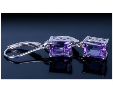 Amethyst Lever Back Drop Earrings, octagon cut purple amethysts, 3cts set in silver lever back fittings; the octagon being a 