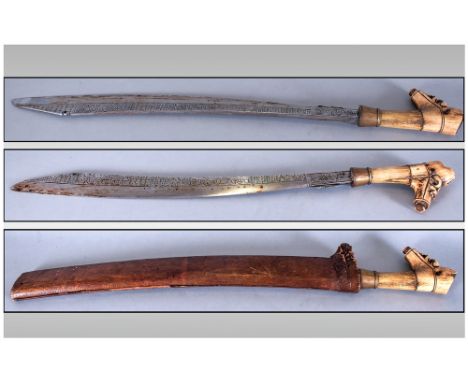 Sword And Scabbard, Looks To Be A Parang Nabur Sword with Wooden Scabbard, Blade Length 21½ Inches, Overall Length 27½ Inches