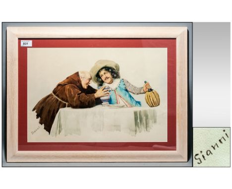 GIANNI 19thC Italian Framed Watercolour Of Typical Style Portrait Figures, Monk Drinking With Gentleman, 12x18 Inches Modern 