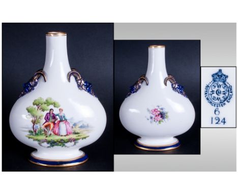 Royal Worcester Hand Finished Two Mask Handle Flask Vase. Date 1899. Unsigned, Stand 6 Inches High.