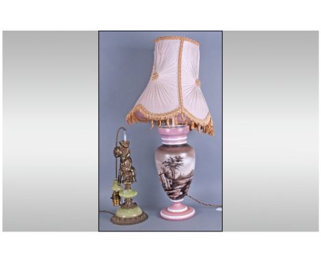 Opaline Glass Vase converted to a table lamp. Hand Painted Post Mill Scene to entire surface. 24 inches high. Together with O