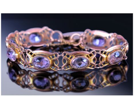 9ct Rose Gold Edwardian Bracelet, Arts And Crafts Design, Each Link Mounted With An Oval Millegrain Set Amethyst, Complete Wi