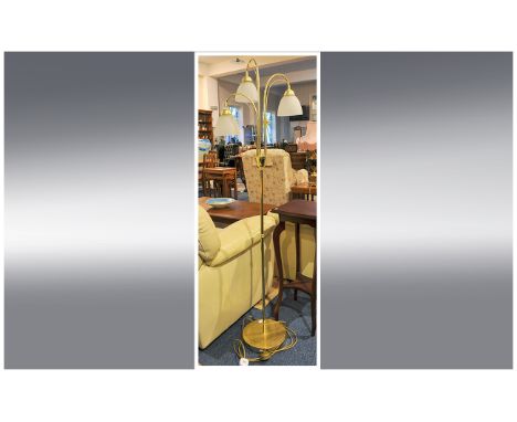 Brass Three Branch Standard Lamp with frosted shades and circular base.