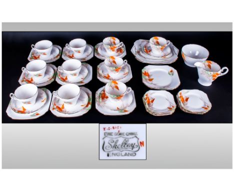 Shelley 1940's 49 Piece Tea Service 'Wisteria' Pattern number 0151 with brown, orange & green print with gold edges. Cambridg