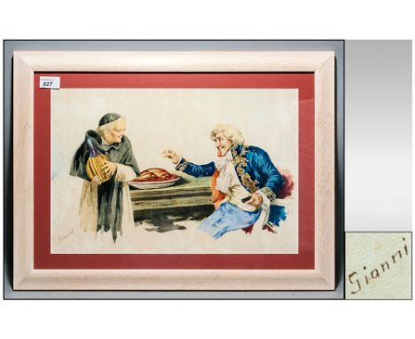 GIANNI 19thC Italian Framed Watercolour Of Typical Style Portrait Figures, Gentlemen At Dinner, 12x18 Inches Modern Frame