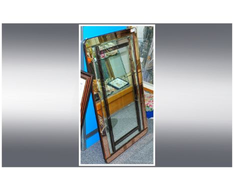 Art Deco Oblong Shaped Mirror with peach coloured glass borders with further applied coloured strips. 21 by 36 inches.