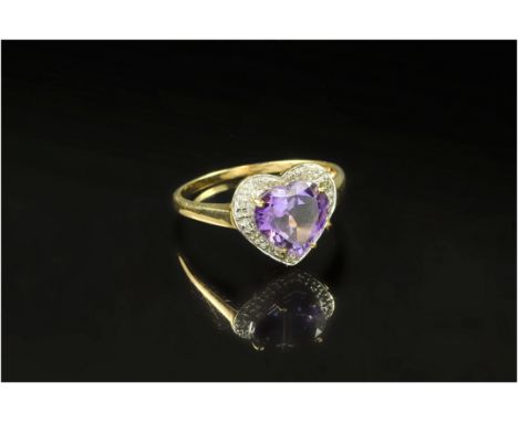 9ct Gold Diamond Dress Ring, Set With A Central Heart Shaped Amethyst Surrounded By Diamond Chips, Fully Hallmarked, Ring Siz