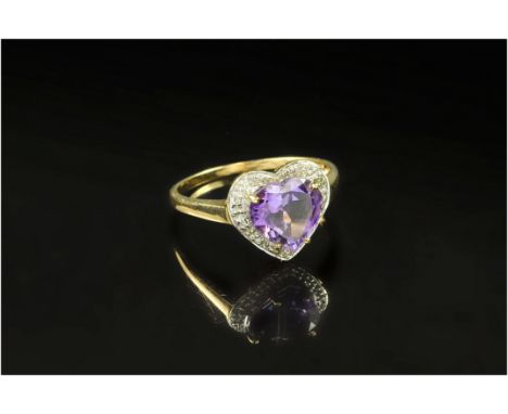 9ct Gold Diamond Dress Ring, Set With A Central Heart Shaped Amethyst Surrounded By Diamond Chips, Fully Hallmarked, Ring Siz