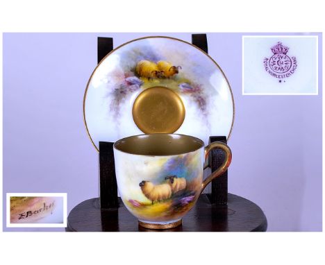 Royal Worcester Hand Painted Matched Pair of Cabinet Miniature Cup and Saucers. ' Highland ' Sheep. Signed James Stinton and 