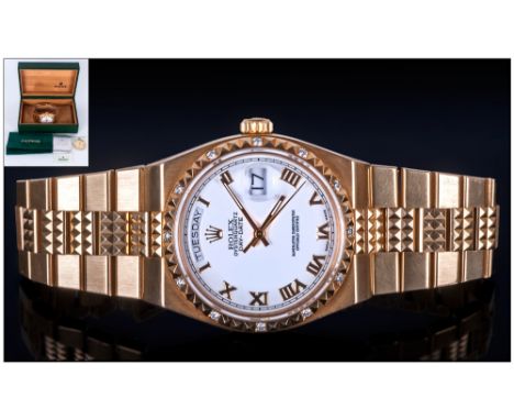 Rolex 18ct Yellow Gold Gents Oyster Quartz Day Date/Chronometer Wristwatch with white dial, gold markers & diamond spacers to