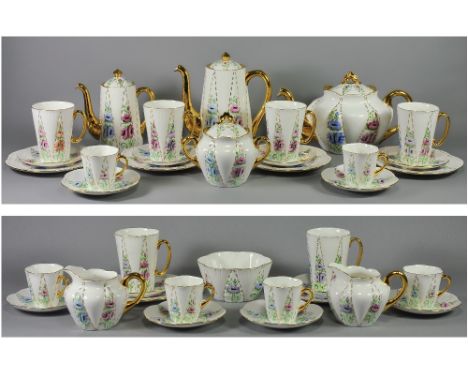 Shelley - Hand Painted ( 37 ) Piece Tea and Part Coffee Service. Floral Decoration, with Gold Painted Handles and Rims. Compr