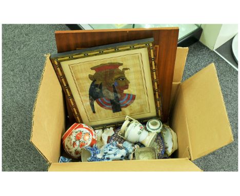 Box of Assorted Collectables including Oriental figures and vases, decorated plaque, Nortitake, Egyptian framed silk etc