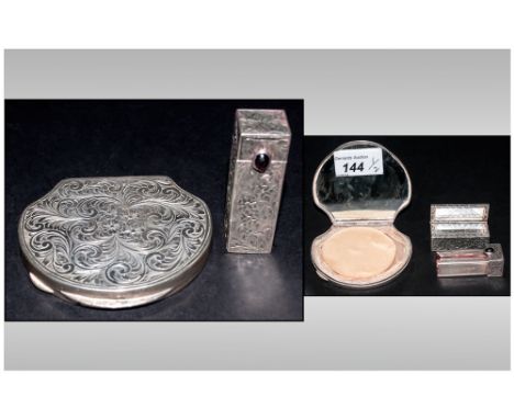 German Silver Cylindrical Lipstick Holder with integral mirror and engraved rural decoration to case; marked 800; 2.25 inches