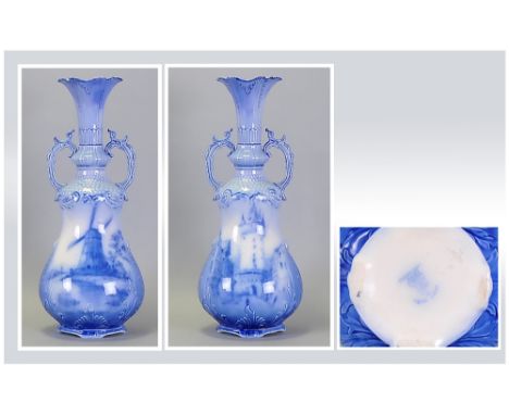 Anglo Delftware Keeling & Co. Flow Blue Two Handled Vase Late Mayers. Circa 1886-1891. Dutch scenes. Stands 12'' in height. E