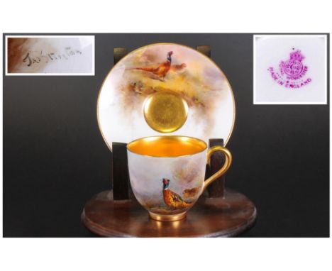 Royal Worcester Hand Painted Miniature Cabinet Cup and Saucer ' Pheasants In a Woodland Setting. Signed James Stinton, Date 1