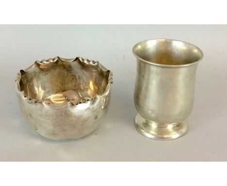 Silver h/m drinking tot vessel and a silver h/m bowl with scalloped edges