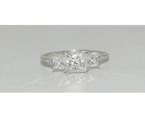 9ct white gold ladies 3 stone square set ring size R