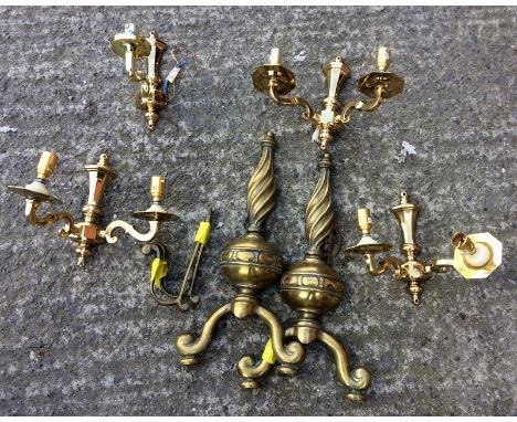 Brass fire dogs , with brass wall light fittings
