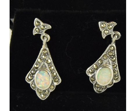 a pair of silver marcasite and opal art deco style earrings