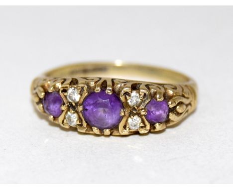 9ct gold ladies antique set diamond and amethyst ring size K