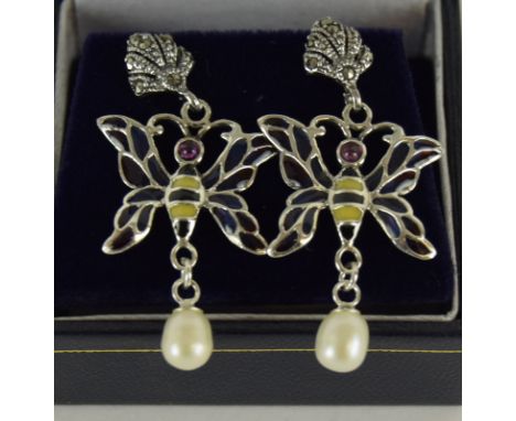 a pair of very pretty silver plique a jour earrings with pearl drops