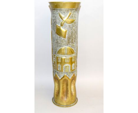 An impressive 1916 dated German shell case stick stand decorated with a mosque and minarets & engraved Tehran Ock 1914. 46cms