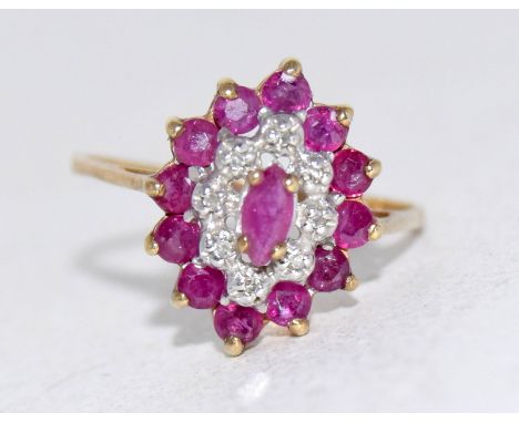 9ct gold ladies diamond and ruby cluster ring size O