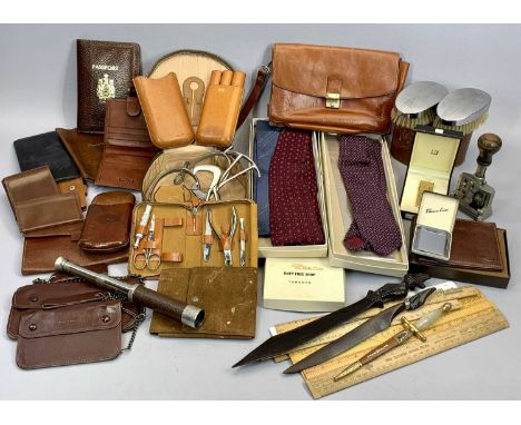 A DUNHILL BARK EFFECT GOLD PLATED CIGARETTE LIGHTER IN BOX, two leather cigar cases, various leather wallets and other gentle