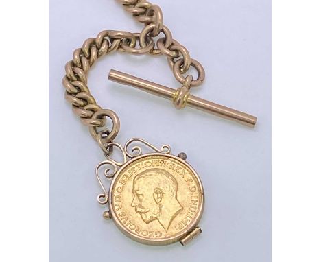 9CT GOLD ALBERT CHAIN of graduated links, all marked, having T bar and swivel, approx 62grms, together with a mounted 1915 Ge