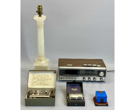 AN ALABASTER CORINTHIAN FORM TABLE LAMP - 41.5cms H excluding fitting, a Lloytron Retro stereo electronic radio clock, a vint