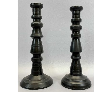 PAIR OF RARE WELSH TURNED SLATE CANDLESTICKS with circular bases, 31.5cms H