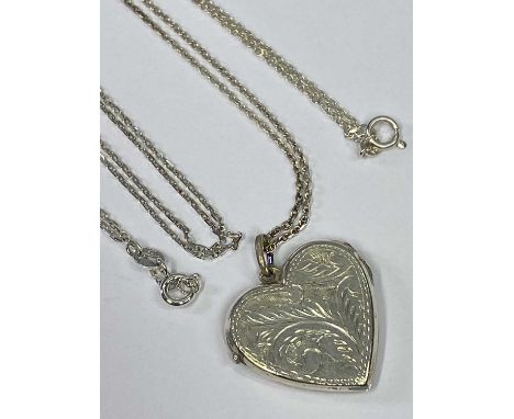 925 BRIGHT CUT SILVER HEART SHAPED LOCKET and fine link chain, total 7.5grms, and a 925 fine link neck chain, 2.4grms