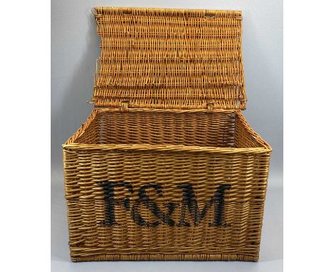 LARGE FORTNUM &amp; MASON WICKER HAMPER - with side handles, monogrammed to the front 'F &amp; M', 35cms H, 56cms W, 39cms D
