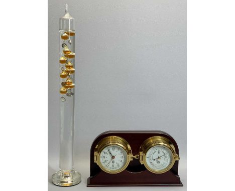 SEWILLS NAUTICAL DESK STAND, a mahogany case set with a brass cased bulkhead type clock and barometer, 19.5cms H, 35.5cms W a