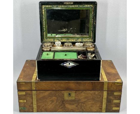LARGE VICTORIAN BRASS BOUND WALNUT WRITING BOX - fitted interior with writing slope together with a Victorian ebonised lady's
