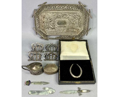 SMALL SILVER - white metal group to include four menu card holders, Edinburgh 1900, Maker Brook &amp; Son, lidded mustard pot