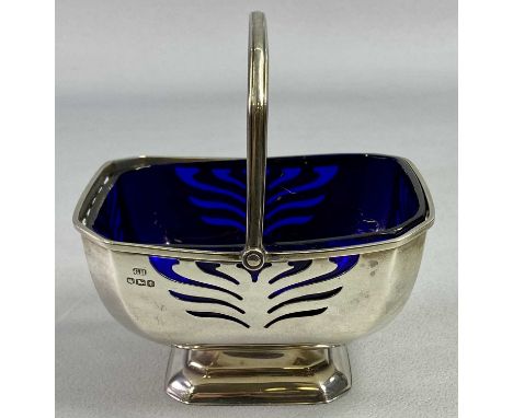 SHEFFIELD SILVER SUGAR BASKET - with blue glass liner, 1936, Maker Harrison Brothers and Howson, the body with stylised pierc