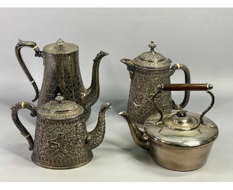 BURMESE STYLE WHITE METAL TEAPOT - repousse chased design with animals hunting, scrolls and flowers, 15cms H, a similar hot w