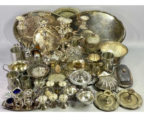 MIXED QUANTITY OF EPBM &amp; EPNS, SILVER PLATED &amp; OTHER METALWARE - a pair of three light candelabra, three piece tea se