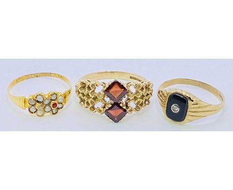 15CT GOLD DRESS RING - decorated with tiny seed pearls and one small ruby, Size N, 1.6grms, a 9ct gold dress ring with two ce