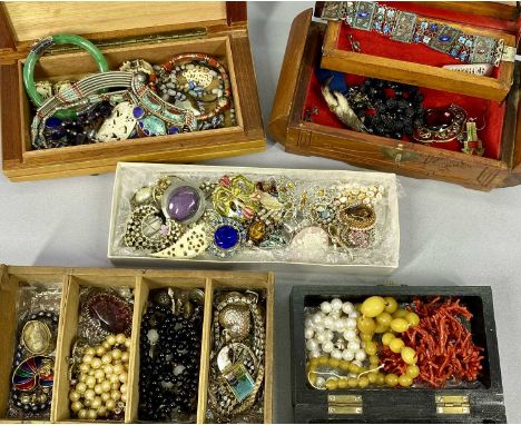 COSTUME JEWELLERY - a good collection to include enamelled copper bracelet, coral necklace, amber type necklace, cultured pea