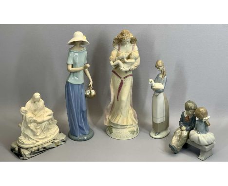 LLADRO FIGURE OF A LADY WEARING WHITE BONNET and holding a basket of apples, 37cms H, a Lladro figure of a young girl holding