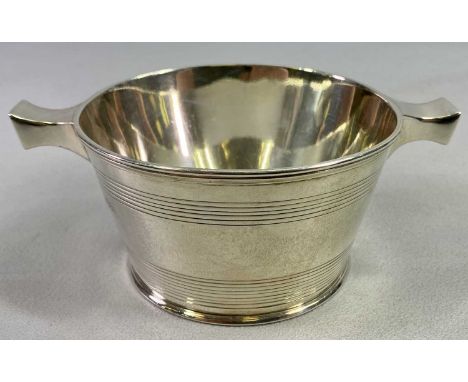 SILVER TWO-HANDLED HALF BARREL SHAPE SUGAR BASIN - London 1914, Maker Pairpoint Brothers, 6cms H, 15cms across, 8.4ozt